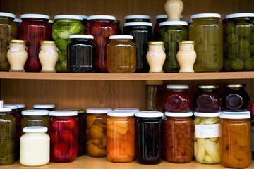 Jars of preserves, jams and pickles for sale in the old quarter of Kakopetriá, in the foothills of the Troodos Mountains, Cyprus