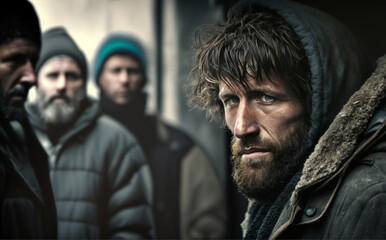 Obraz premium refugees homeless and in poverty, alone and discouraged and sad in a gloomy, desolate environment with many other people, crowds and problems. Generative AI