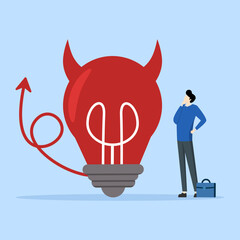evil and negative opinion concept, confused businessman looking at devil light bulb doubting this bad idea. Bad ideas lead to problems and failures, bad ideas, the disappointment of being rejected.