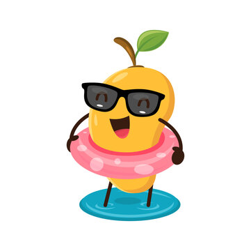 Cartoon fresh mango fruit on seaside holiday. Isolated vector humorous and lively fruit personage enjoying nature at coastal resort lounging and swimming with inflatable ring in sea during vacation