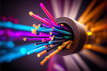 abstract fiber optical network cable on a multi colored glow background. Generative AI