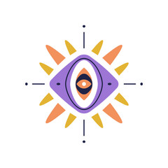 Cartoon eye illuminati talisman, all seeing eye mason amulet. Vector esoteric vision eyesight sign, mystical spiritual eye and abstract ethnic pattern