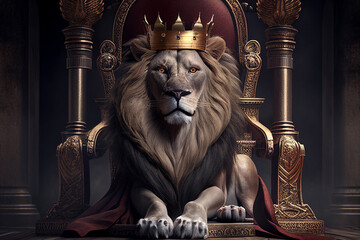 lion on throne with crown,king of the beasts sits on the throne,Generative AI