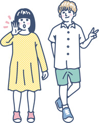 私服姿の子供たち　呼びかける女の子　ピースする男の子　小学生