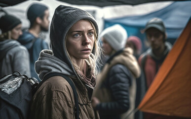 Fototapeta premium homeless and in poverty in a tent city, alone and discouraged and sad in a gloomy, desolate environment with many other people, crowds and problems. Generative AI