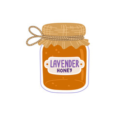 Wildflower organic natural honey in cartoon glass jar with label. Design of package with hand drawn lavender label. Vector layout or template of tag