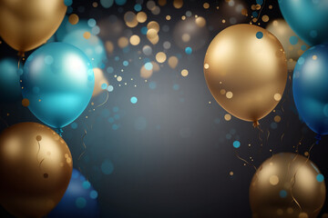 Fototapeta na wymiar Realistic Festive background with golden and blue balloons falling confetti blurry background and a bokeh lights. Created with generative technology.