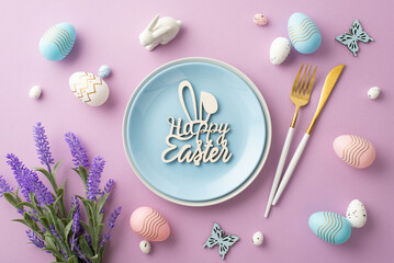 Top view photo of blue plate with inscription happy easter cutlery easter eggs ceramic bunny...