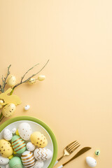 Easter celebration concept. Top view vertical photo of dish with lot of colorful easter eggs...