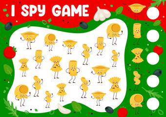 Italian pasta characters i spy game vector worksheet. Puzzle quiz or math game with cute macaroni or noodle personages. Kids riddle with funny farfalle, fusilli, conchiglie, rigatoni and lumache pasta