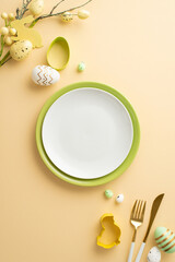 Easter celebration concept. Top view vertical photo of empty dishes easter eggs cutlery baking...