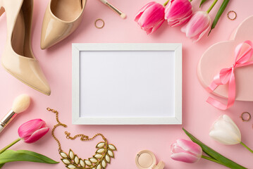 8-march concept. Top view photo of photo frame heart shaped giftbox fresh tulips beige high heel shoes eyeshadow brushes necklace and rings on isolated pastel pink background with copyspace