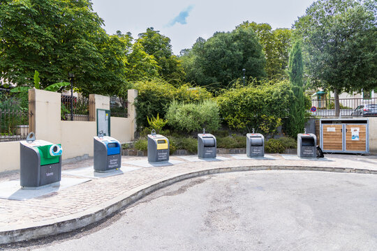 Waste sorting containers in a city in France