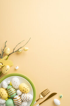 Easter celebration concept. Top view vertical photo of dish with lot of colorful easter eggs cutlery and easter bouquet on isolated pastel beige background with copyspace