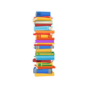High pile of books, cartoon stack of textbooks, educational materials. Vector stacked encyclopedias, bookstore literature, paper source of information