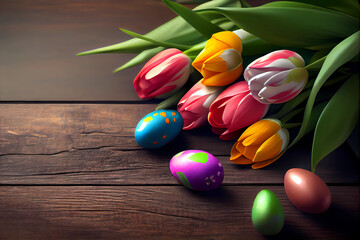 Easter eggs and tulips on wooden background. Flat lay? copy space. Generative AI