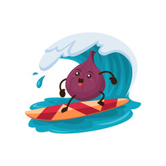Cartoon fresh figs fruit catching wave on surfing during summer coastal vacation. Isolated vector nourishing ripe food personage outdoor activities and rest at beach location, surfboard extreme sport