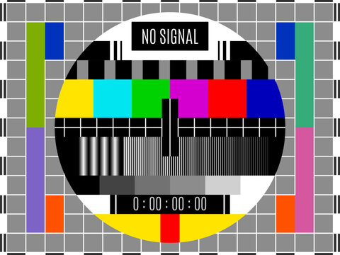 TV signal test screen vector pattern. Retro television broadcast test card with color and monochrome bars in circle on gray grid background with black white frame border. Old TV technologies