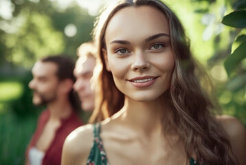 young women or friends in the garden or in nature, green trees with lush green leaves, enjoying the outdoors and appreciating the environment, spending free time together. Generative AI