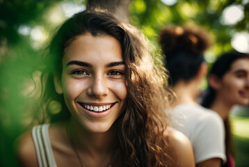 Fototapeta premium young girl teenager outdoors in nature with friends under a tree in summer or warm spring, youth and joy. Generative AI