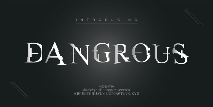 Dangrous digital modern alphabet new font. Creative abstract urban, futuristic, fashion, sport, minimal technology typography. Simple vector illustration with number
