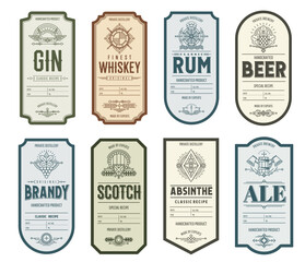 Vintage alcohol labels, brandy, whiskey and rum, absinthe and gin, beer, scotch and ale. Old craft drink bottle vector badges or labels with thin line beer tankard, oak barrel, grapevine and barley - obrazy, fototapety, plakaty