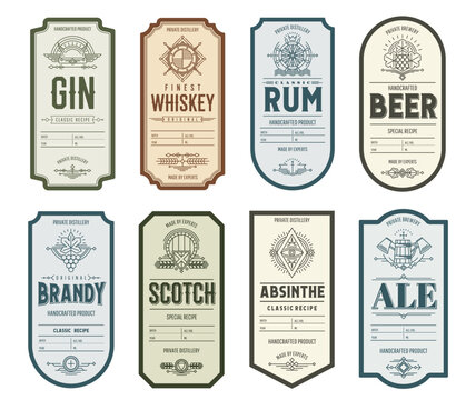 Vintage alcohol labels, brandy, whiskey and rum, absinthe and gin, beer, scotch and ale. Old craft drink bottle vector badges or labels with thin line beer tankard, oak barrel, grapevine and barley