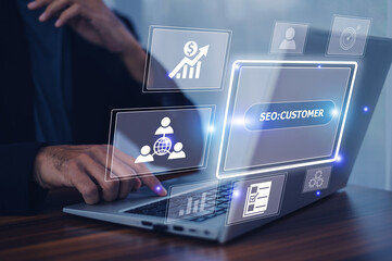 Businessman using SEO Search Engine Optimization concept, SEO Search Engine Optimization Marketing Ranking Traffic Website Internet Business Technology.
