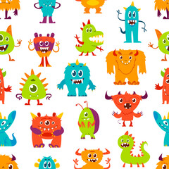 Naklejka premium Cartoon funny monster characters seamless pattern. Halloween background of vector aliens, cute animals and insects. Color fluffy monster, happy beast, little bacteria and virus personages backdrop