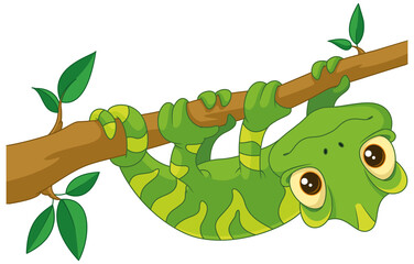 Cute chameleon hanging on branch cartoon illustration © platinka
