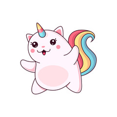 Cartoon cute caticorn character, isolated vector unicorn cat fantasy fairy tale animal personage waving paws. Kawaii magic kitty with rainbow tail and horn show greeting gesture. Funny magical kitten