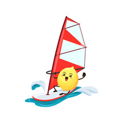 Cartoon fresh lemon fruit character windsurfing recreation on beach during summer holiday. Isolated vector healthful citrus food enjoying outdoor leisure and entertainment at ocean resort destination