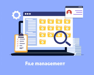 File management concept, online document storage service, folders, files organization, search folder in laptop.