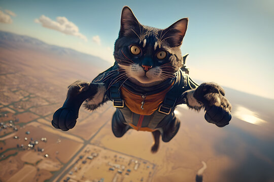 Athletes black funny cat with a frightened muzzle skydivers jump from an airplane falling in free fall above the ground and clouds. Generative AI.