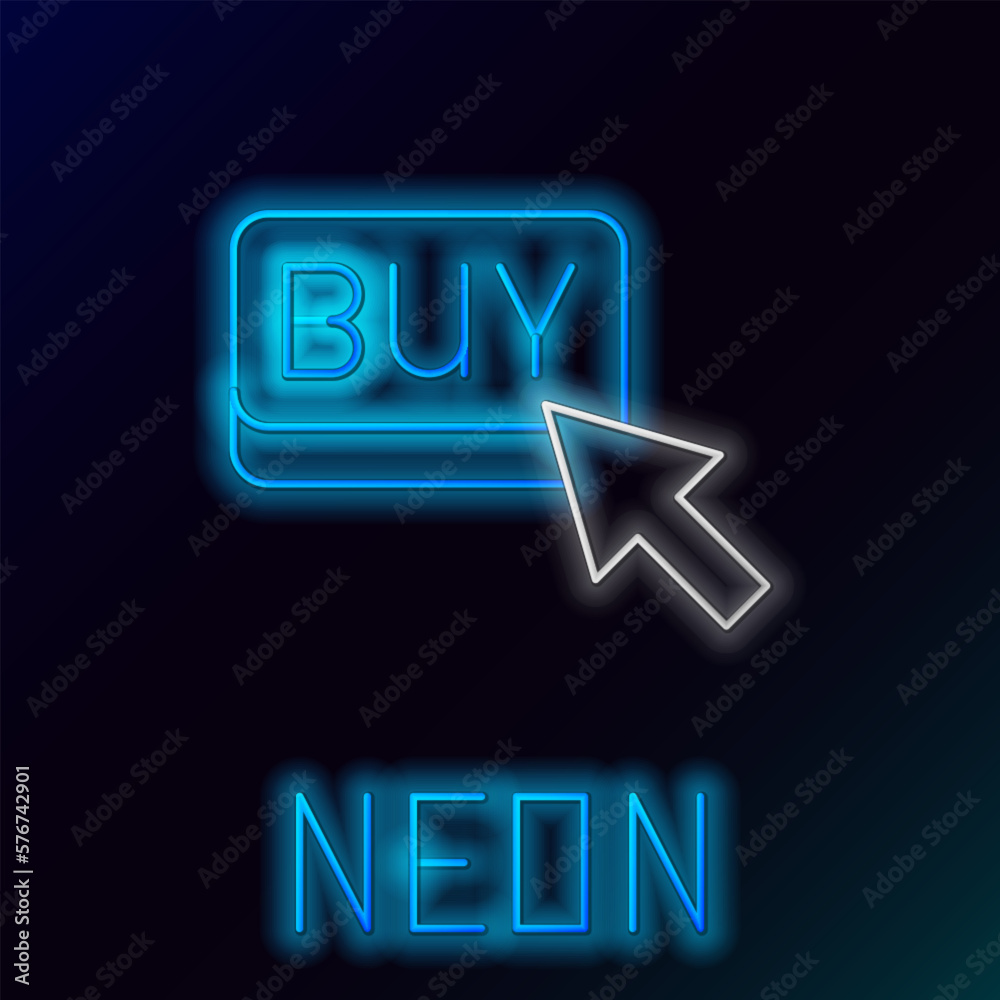 Sticker glowing neon line buy button icon isolated on black background. financial and stock investment marke