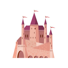 Cartoon royal fortress medieval palace with towers, gates and flag. Vector fantasy fort, old medieval city architecture, game citadel, kingdom palace