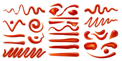 Ketchup sauce stains and splashes. Barbeque cooking, hot chili pepper or BBQ tomato ketchup sauce or spicy gravy paste realistic vector smear, isolated smudge, red condiment texture strokes set - obrazy, fototapety, plakaty