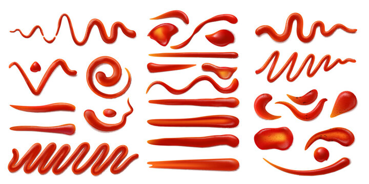 Ketchup sauce stains and splashes. Barbeque cooking, hot chili pepper or BBQ tomato ketchup sauce or spicy gravy paste realistic vector smear, isolated smudge, red condiment texture strokes set