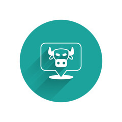 White Cow head icon isolated with long shadow. Green circle button. Vector