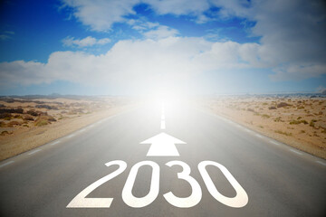 2030 - empty road on a desert and clouds on a sky - obrazy, fototapety, plakaty