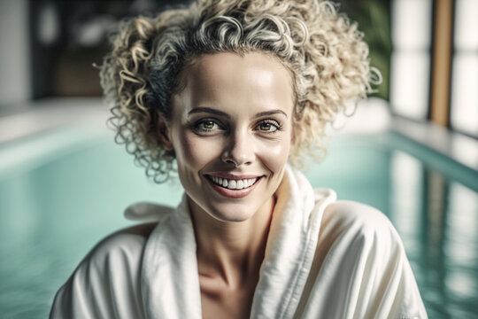 adult woman in bathrobe at swimming pool indoor. Generative AI