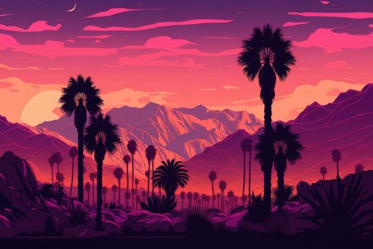 Sunset in Palm Springs with a Matte Violet Color Grading Panorama. Background of palm trees and mountains. Location Coachella Valley in California, U.S.A. Generative AI