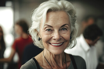 elderly mature middle aged woman with a big grin or smile in a comfortable outfit with other people in the background, fictional place. Generative AI