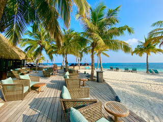 holiday island in the Maldives, With swimming pool , Huts, and sun loungers, Maldives, Indian...