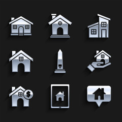 Set Washington monument, Tablet and smart home, Map pointer with house, Realtor, House dollar symbol,  and  icon. Vector