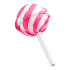 Sweet striped cute pink and white lollipop in cartoon style. Single glossy christmas round candy on stick isolated on transparent background. PNG file