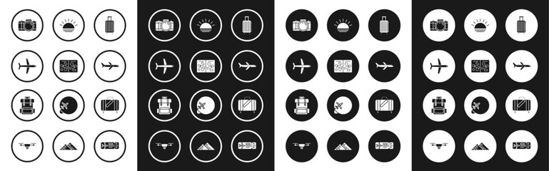 Set Suitcase for travel, Passport pages with visa stamps, Plane, Photo camera, Sunset, and stickers and Hiking backpack icon. Vector
