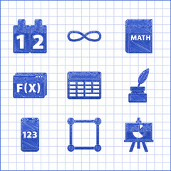 Set Calculator, Geometric figure Square, Chalkboard with diagram, Feather and inkwell, Mobile calculator interface, Function mathematical symbol, Book word mathematics and Calendar icon. Vector