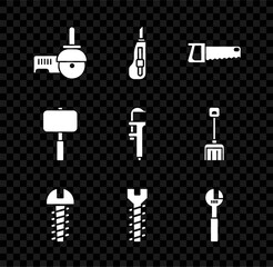 Set Angle grinder, Stationery knife, Hand saw, Metallic screw, Adjustable wrench, Sledgehammer and Calliper or caliper scale icon. Vector