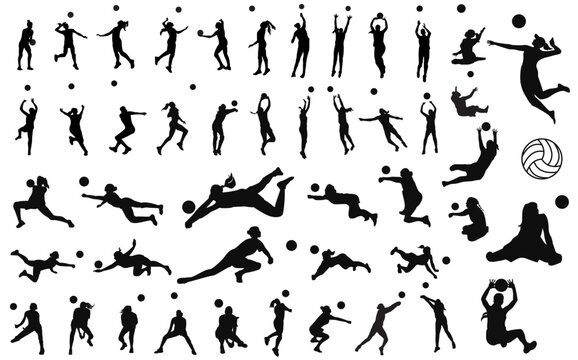 Vector set of 46 female volleyball players with and without disability. Cutout solid icons. Women volleyball player silhouettes. Sitting volleyall